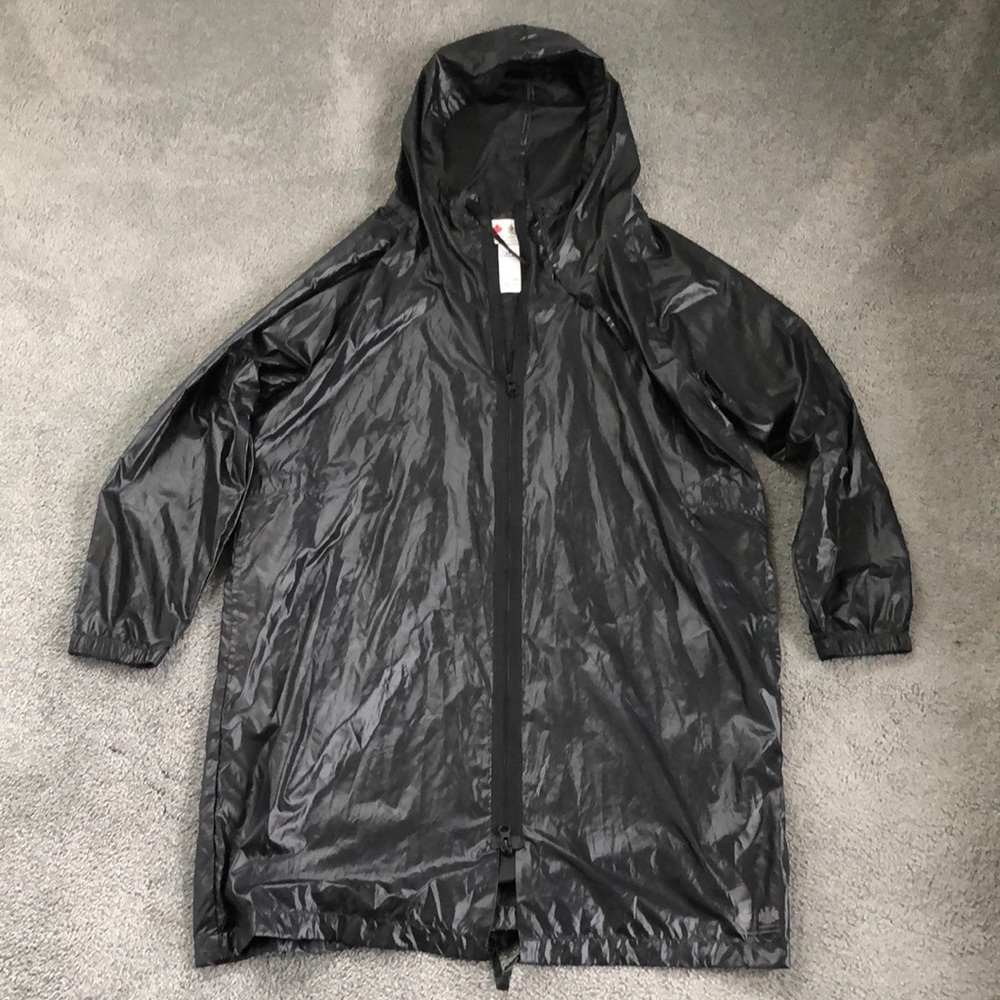New HBC womens hooded long black shell lightweight packable rain coat M med